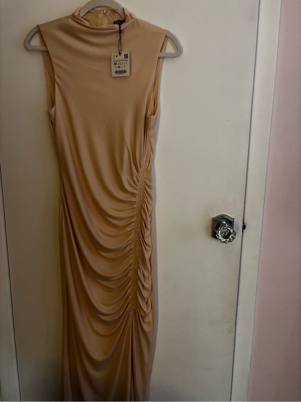 Zara Sleeveless Ruched Maxi Dress in Beige